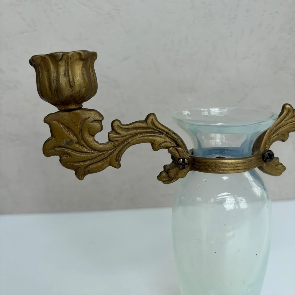 Vintage Frosted Glass Bud Vase with Ornate Brass 2-Arm Taper Candle Holder
